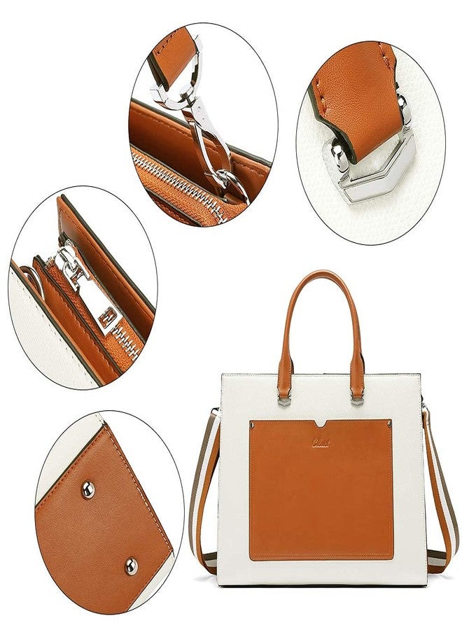 CLUCI Briefcase for Women Fashion Genuine Leather 15.6 Inch Laptop Slim Large Pocket Business Ladies Shoulder Bag Beige with Brown - Image 5