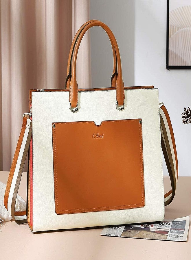 CLUCI Briefcase for Women Fashion Genuine Leather 15.6 Inch Laptop Slim Large Pocket Business Ladies Shoulder Bag Beige with Brown - Image 2