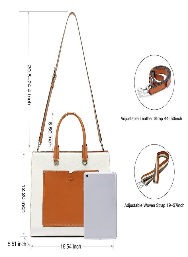 CLUCI Briefcase for Women Fashion Genuine Leather 15.6 Inch Laptop Slim Large Pocket Business Ladies Shoulder Bag Beige with Brown - Image 4