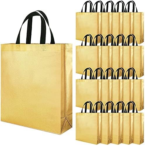 Evafly Gift Bag Medium Size Pack of 20 : L13 x W12 x D4 inch|Resuable Non-Woven Shiny Metallic Laminated|Haldi Return Gifts, Jute Bags for Return Gift,Return Gift For Birthday - Golden - Image 1