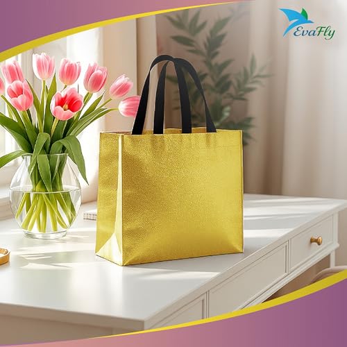 Evafly Gift Bag Medium Size Pack of 20 : L13 x W12 x D4 inch|Resuable Non-Woven Shiny Metallic Laminated|Haldi Return Gifts, Jute Bags for Return Gift,Return Gift For Birthday - Golden - Image 4