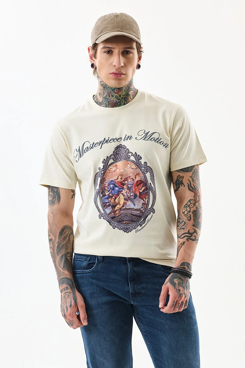 SNITCH Slim Fit Cotton Masterpiece In Motion Off-White T-Shirt