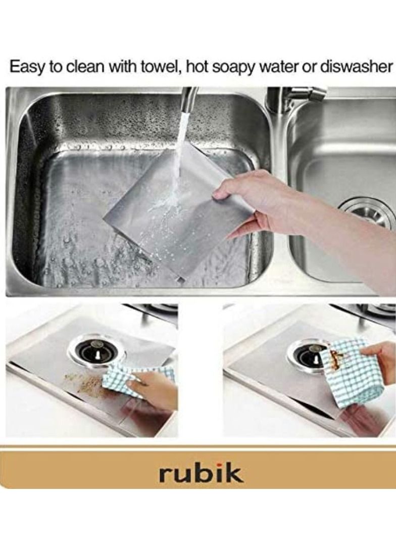 Gas Stove Burner Covers Non-Stick Gas Range Protectors Reusable Aluminium Foil Cover Liner Mat Pad (Pack of 8) Black/Silver