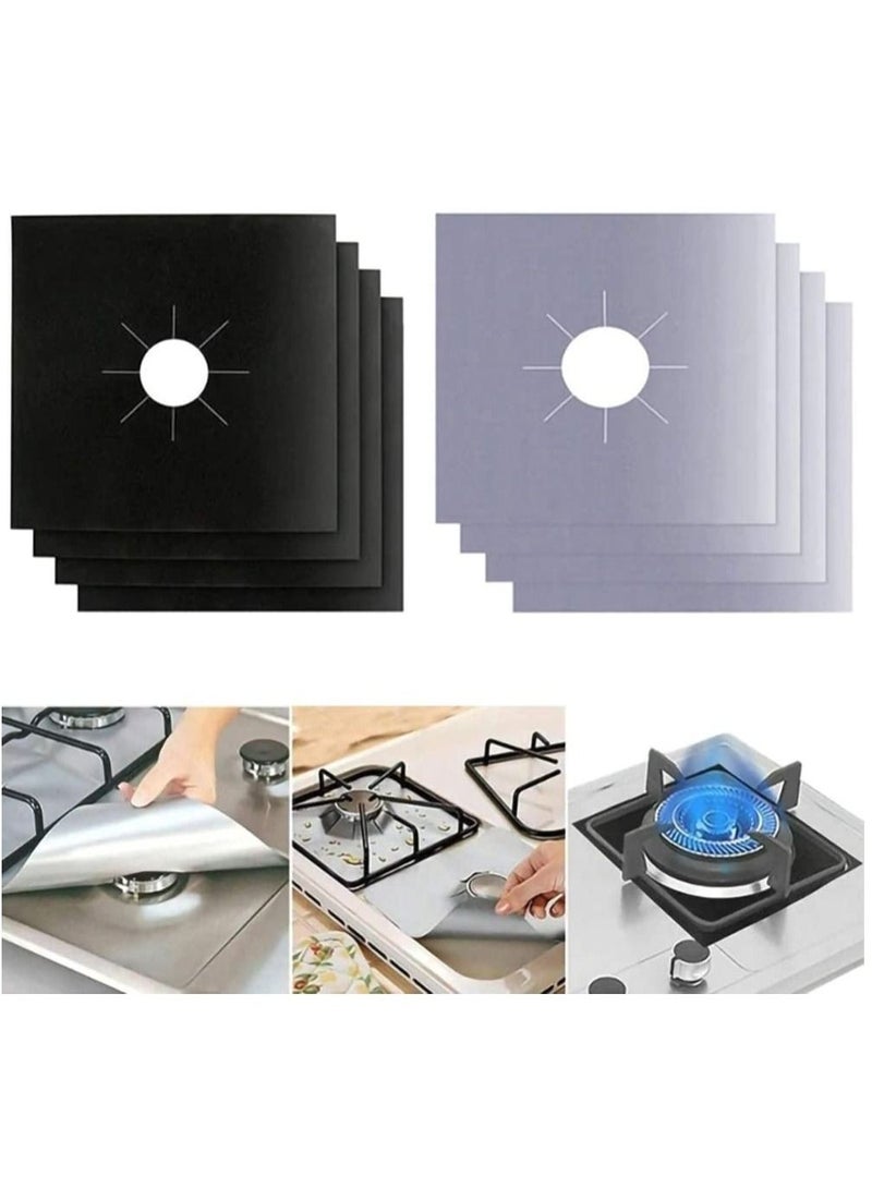 Gas Stove Burner Covers Non-Stick Gas Range Protectors Reusable Aluminium Foil Cover Liner Mat Pad (Pack of 8) Black/Silver