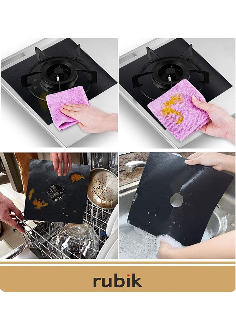 Gas Stove Burner Covers Non-Stick Gas Range Protectors Reusable Aluminium Foil Cover Liner Mat Pad (Pack of 8) Black/Silver