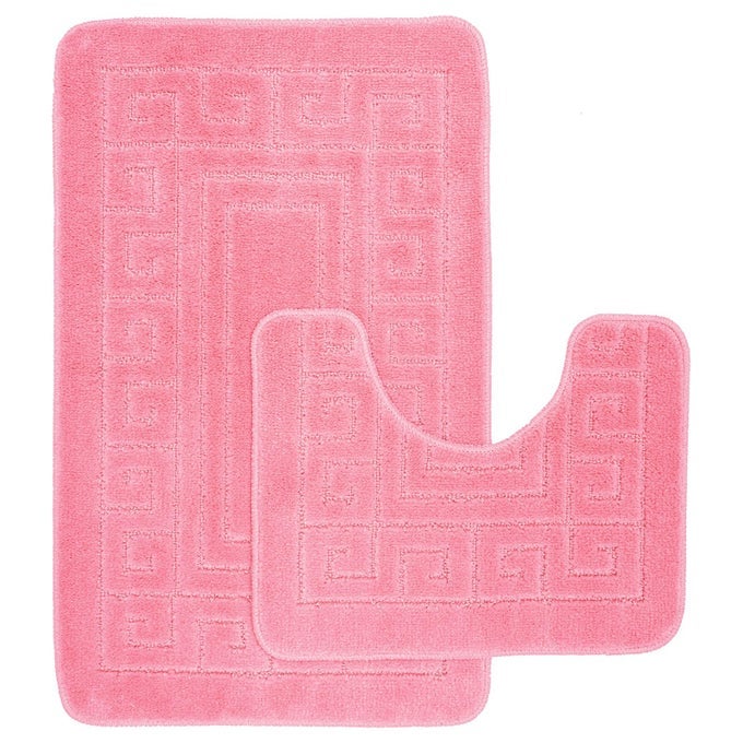 LUXURY 2 PIECE GREEK BATH MAT SET NON SLIP ULTRA SOFT BATHROOM MATS WATER ABSORBENT BATH MATS MACHINE WASHABLE RUG TOILET MAT FOR BATHROOM FLOOR PINK