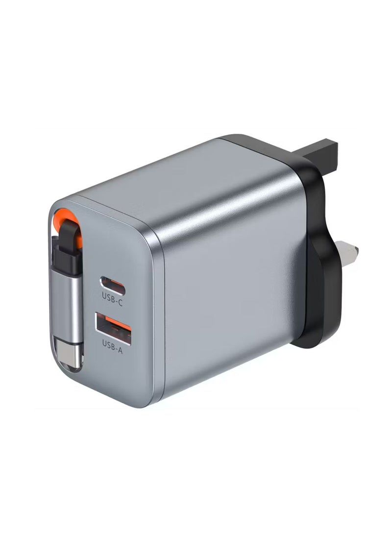 GREEN LION GaN UK Plug Wall Charger with 40W Power Delivery, Retractable Type-C Cable, 0%-50% Charge in 30 Minutes, PC Flame Retardant Material, USB-C & USB-A Ports - Gray  - Image 1