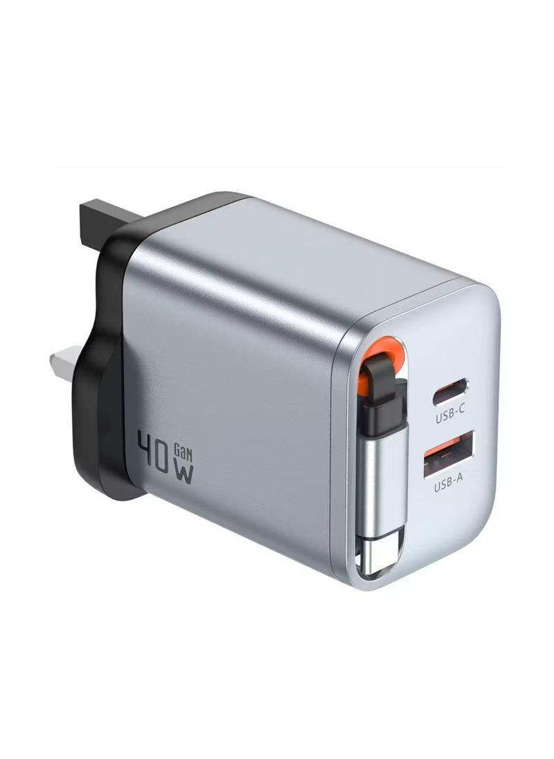 GREEN LION GaN UK Plug Wall Charger with 40W Power Delivery, Retractable Type-C Cable, 0%-50% Charge in 30 Minutes, PC Flame Retardant Material, USB-C & USB-A Ports - Gray  - Image 2