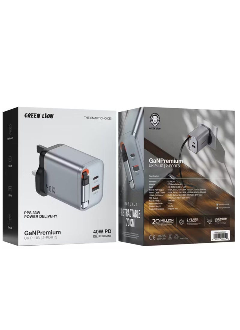 GREEN LION GaN UK Plug Wall Charger with 40W Power Delivery, Retractable Type-C Cable, 0%-50% Charge in 30 Minutes, PC Flame Retardant Material, USB-C & USB-A Ports - Gray  - Image 4