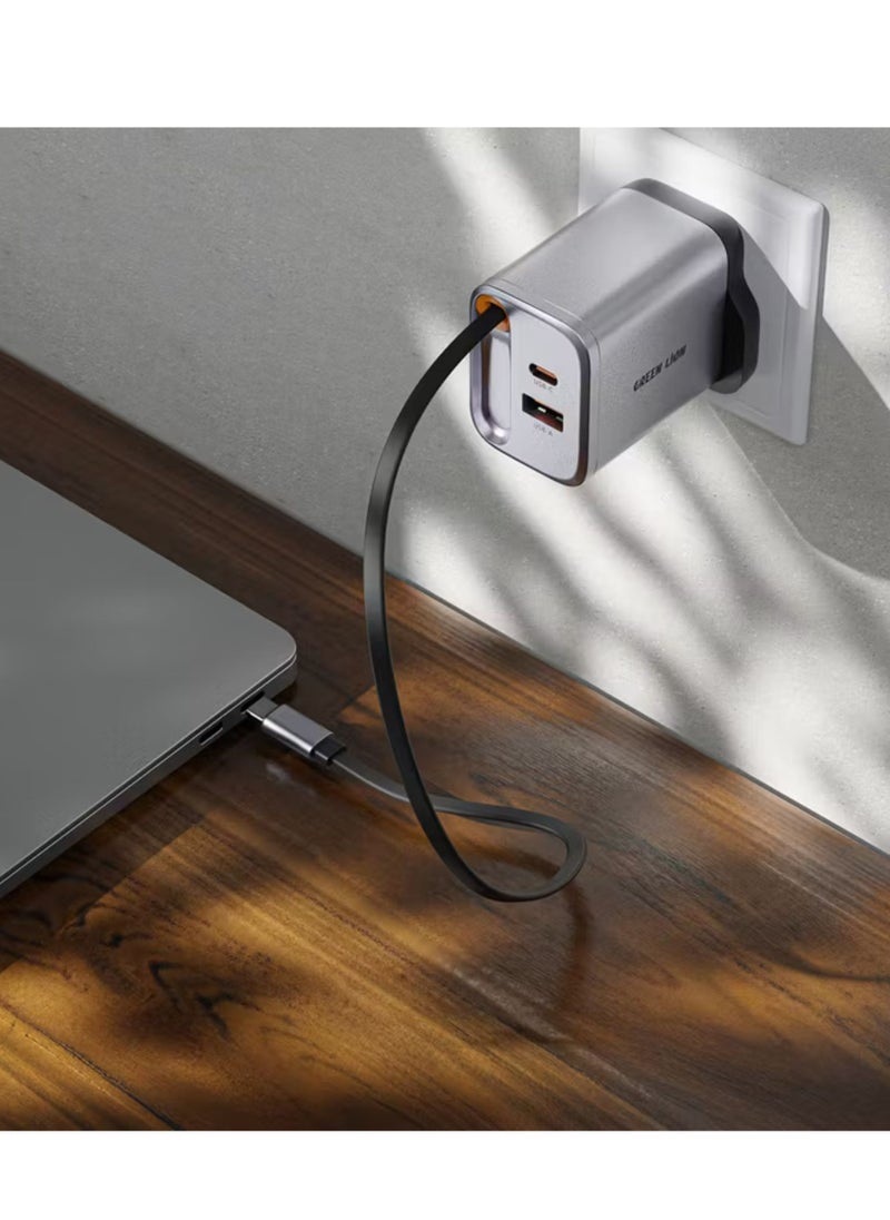 GREEN LION GaN UK Plug Wall Charger with 40W Power Delivery, Retractable Type-C Cable, 0%-50% Charge in 30 Minutes, PC Flame Retardant Material, USB-C & USB-A Ports - Gray  - Image 3