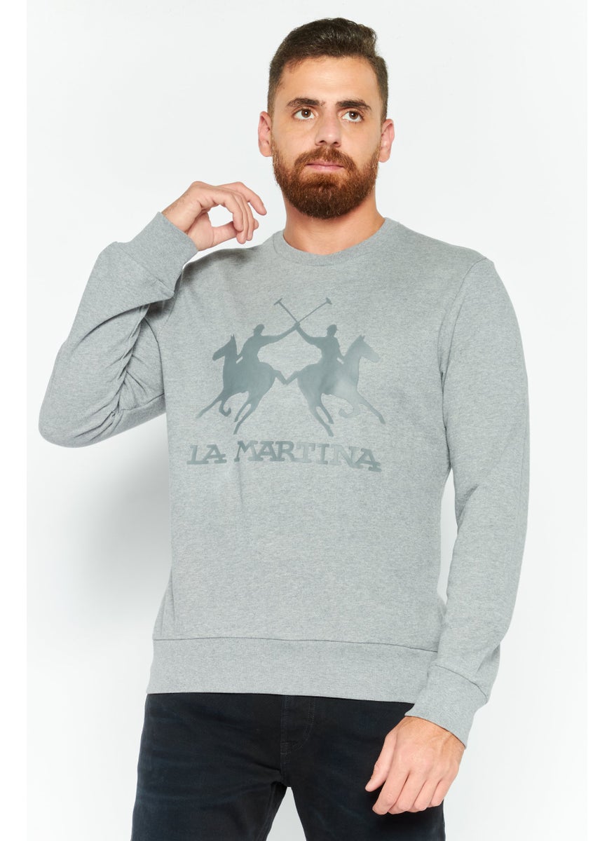 La Martina Men Crew Neck Brand Logo Long Sleeves Sweatshirt, Grey  - Image 1