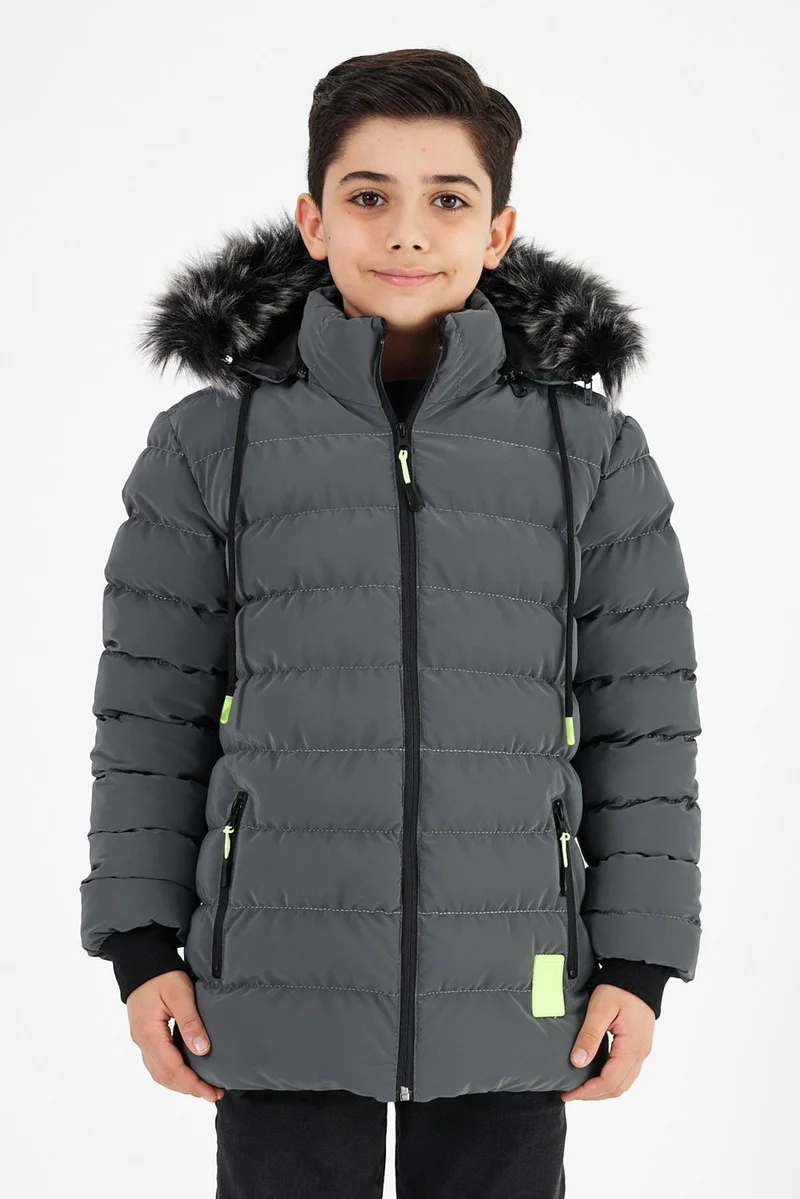 Sivaist Gray Boy's Detachable Hooded Puffer Leather Blend Fabric Jacket & Coat