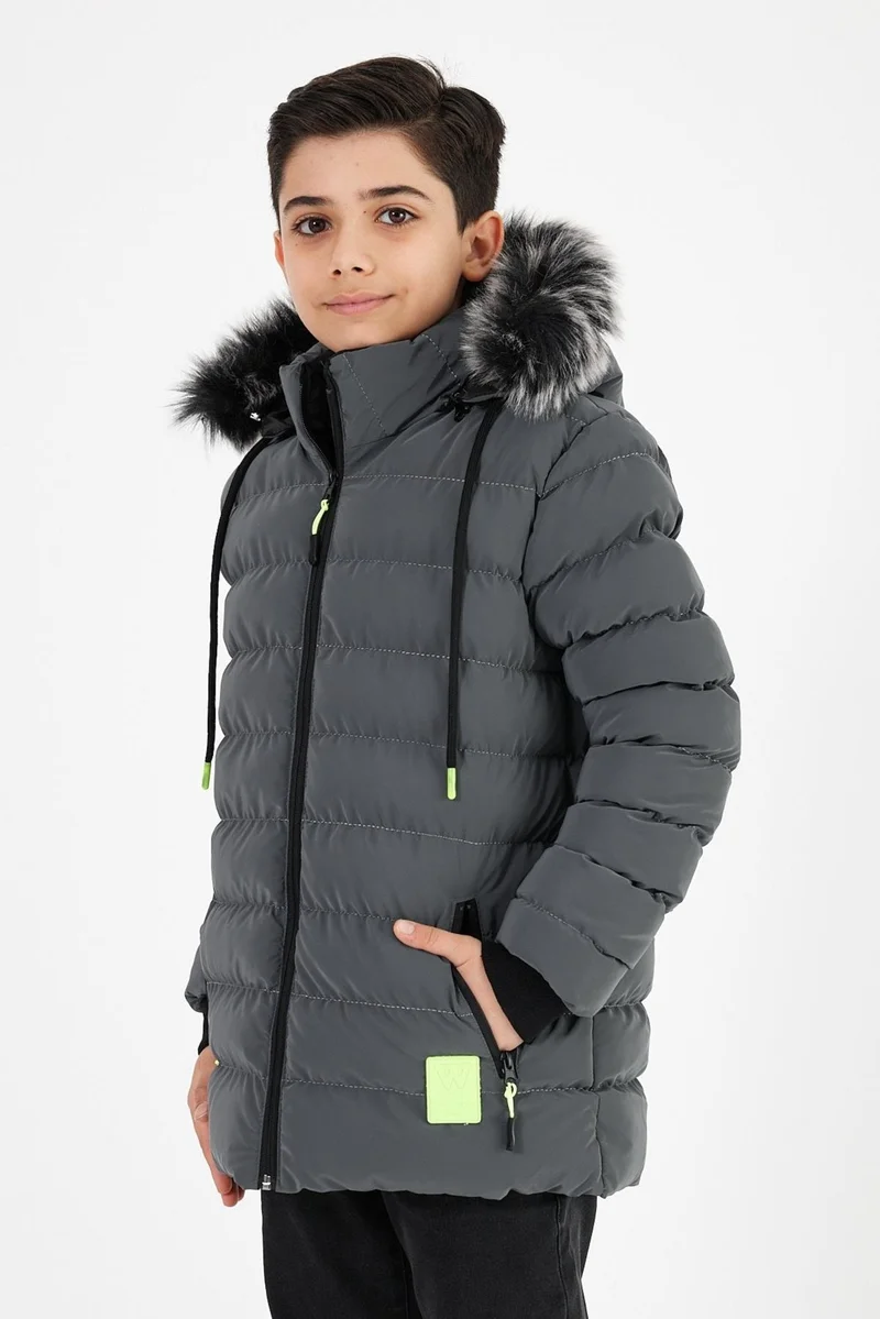 Sivaist Gray Boy's Detachable Hooded Puffer Leather Blend Fabric Jacket & Coat