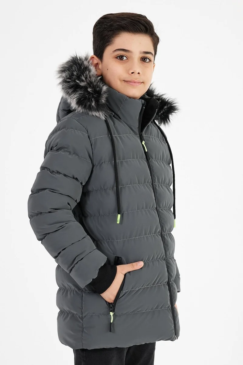 Sivaist Gray Boy's Detachable Hooded Puffer Leather Blend Fabric Jacket & Coat