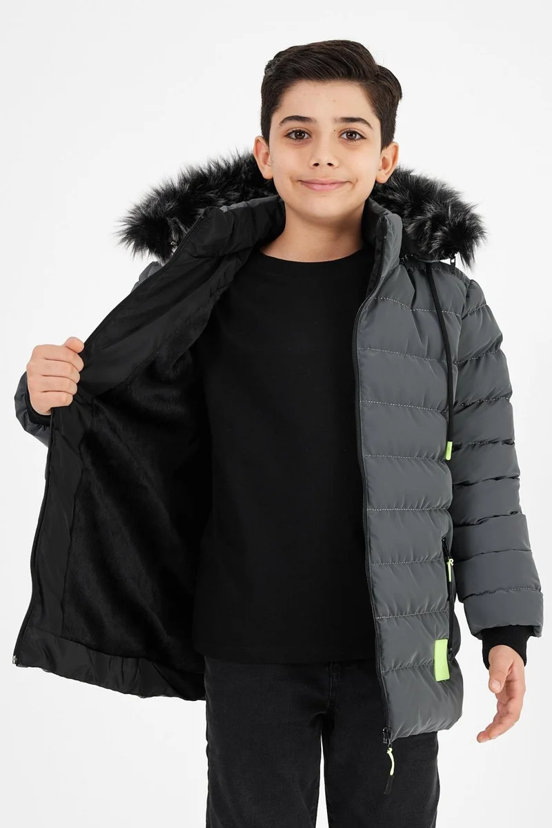 Sivaist Gray Boy's Detachable Hooded Puffer Leather Blend Fabric Jacket & Coat