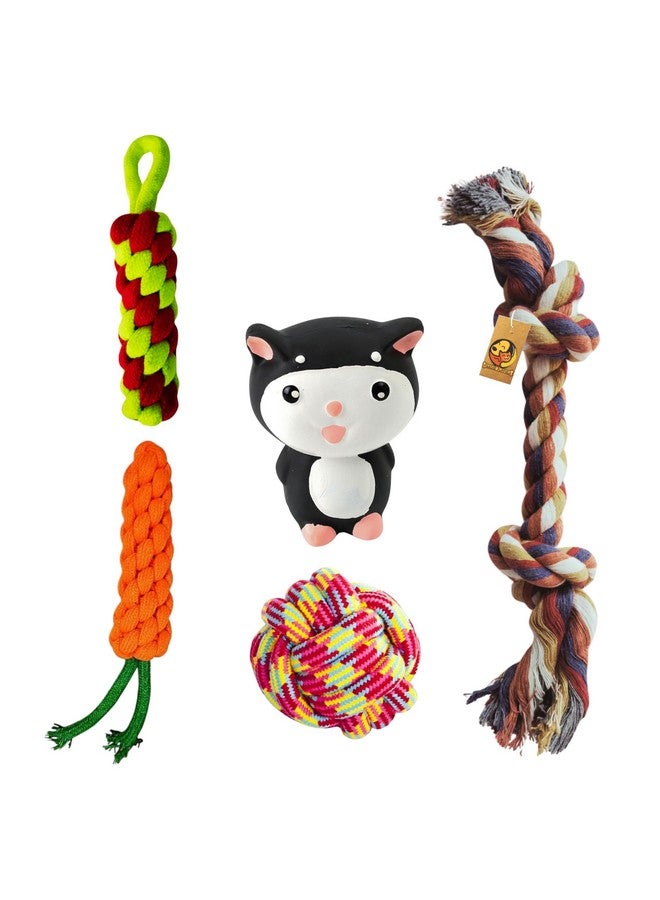 مجموعة ألعاب الكلاب المكونة من 5 قطع والتي تصدر صوت صرير ومضغ - (حبل مكون من عقدتين + كرة قطنية + جزرة + عصا ذرة + لعبة قطط) | لعبة مضغ ولعب وتسنين للكلاب الصغيرة والجراء - Image 1