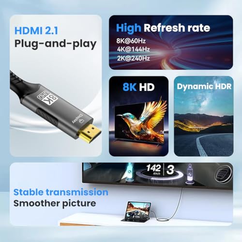 Verilux® HDMI to Type C Cable 1M/3.3FT, USB C to HDMI 2.1 with 8K@60Hz 4K@120Hz HDR, Nylon Braided Wire Converter for Laptop, Mobile, iPad Pro, MacBook, Chromebook, TV, Monitor - Image 4