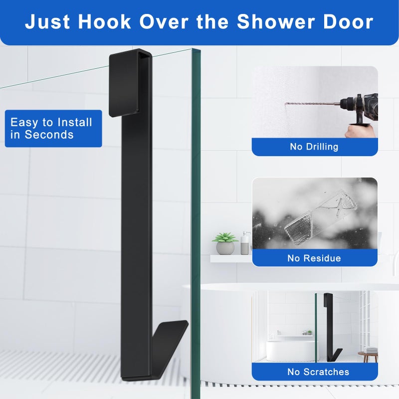 FUMAX Shower Door Hooks 10 in, Shower Hooks for Towels, Heavy Duty Drilling-Free Extended Towel Hooks for Bathroom Frameless Glass Door, Over The Door Towel Hooks 3 Packs Black - Image 2