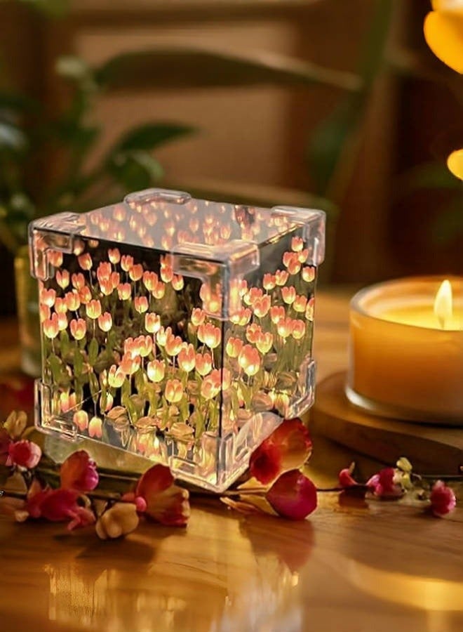 FPC 22 Flower LED Tulip Cube Mirror Lamp - 2 in 1 Decorative Table & Wall Mirror for Bedroom, Living Room, Desk Decor - Creative Gift Idea for Women & Home (White/Pink) - Image 1