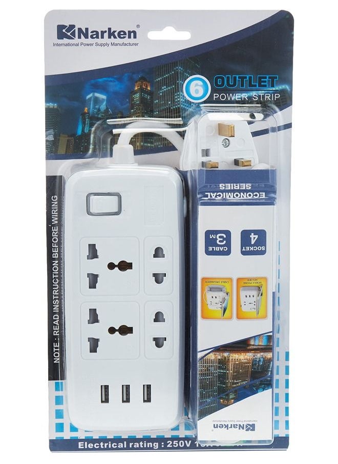 Narken Electric Universal Extension Cord 4 Socket and 3 USB Port 3 Meter Power Strip Wire 13A Fuse Surge With Switch Max 13A AC 250V  - Image 1