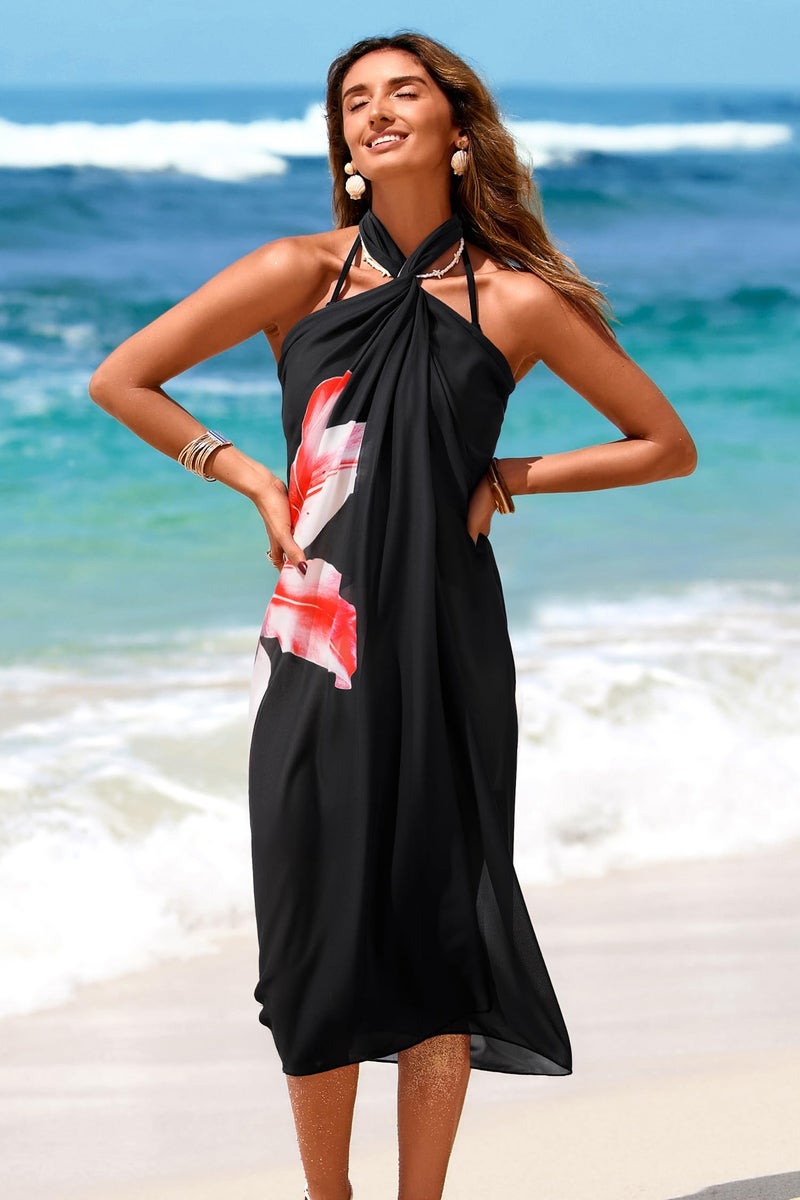 Herseas Women's Sheer Sarong One Size Swim Suit Coverups High Slit 2026 Summer Black Lily Print Chiffon Wraps Knot Side Beach Cover Up Fashionable Casual Vacation Outfits - Image 5