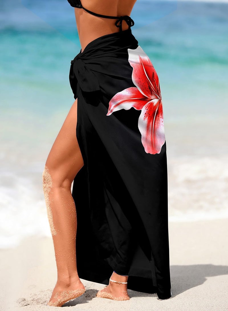 Herseas Women's Sheer Sarong One Size Swim Suit Coverups High Slit 2026 Summer Black Lily Print Chiffon Wraps Knot Side Beach Cover Up Fashionable Casual Vacation Outfits - Image 3