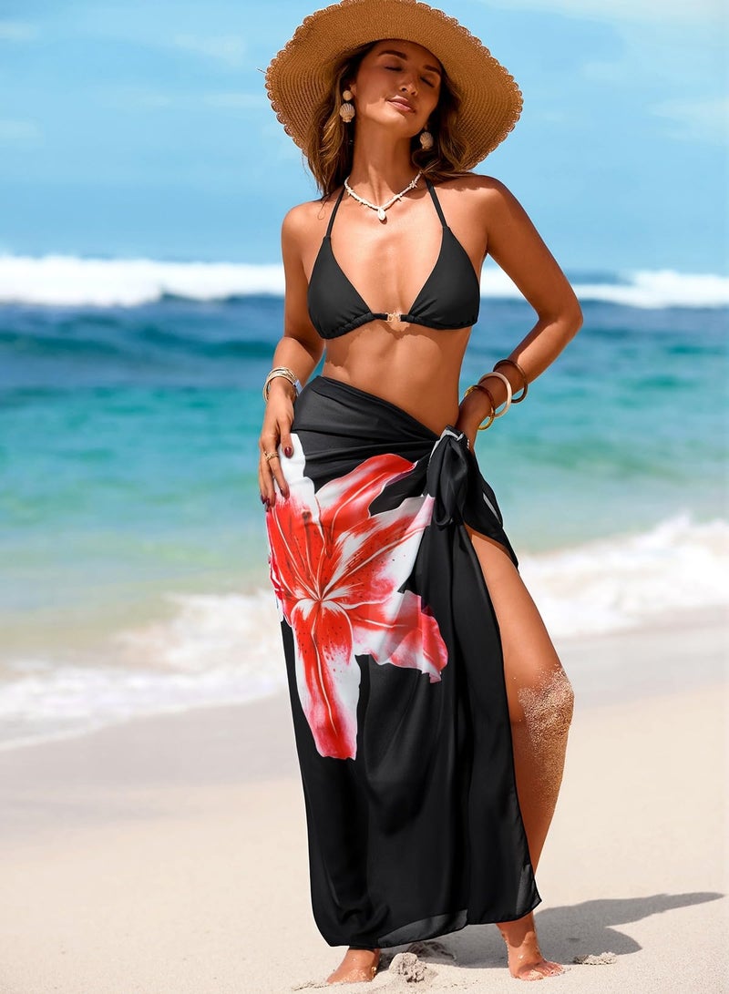 Herseas Women's Sheer Sarong One Size Swim Suit Coverups High Slit 2026 Summer Black Lily Print Chiffon Wraps Knot Side Beach Cover Up Fashionable Casual Vacation Outfits - Image 4