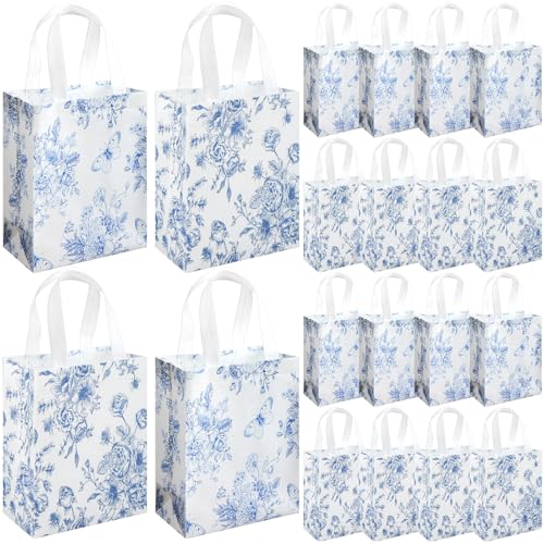 Wovnet 30 Pcs Blue Floral Gift Bags Bulk Reusable Non Woven Vintage Floral Tote Treat Goodie Candy Bags with Handles Spring Flowers Party Favors Pouch for Holiday Wedding Party Decor 10 x 8 x 4 Inch - Image 1