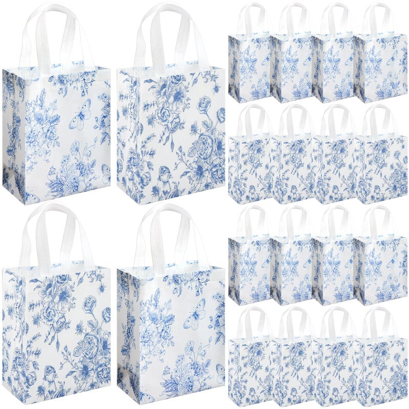 Wovnet 30 Pcs Blue Floral Gift Bags Bulk Reusable Non Woven Vintage Floral Tote Treat Goodie Candy Bags with Handles Spring Flowers Party Favors Pouch for Holiday Wedding Party Decor 10 x 8 x 4 Inch - Image 2