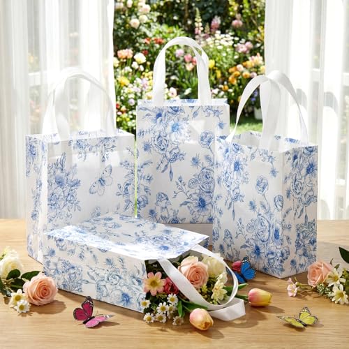Wovnet 30 Pcs Blue Floral Gift Bags Bulk Reusable Non Woven Vintage Floral Tote Treat Goodie Candy Bags with Handles Spring Flowers Party Favors Pouch for Holiday Wedding Party Decor 10 x 8 x 4 Inch - Image 3