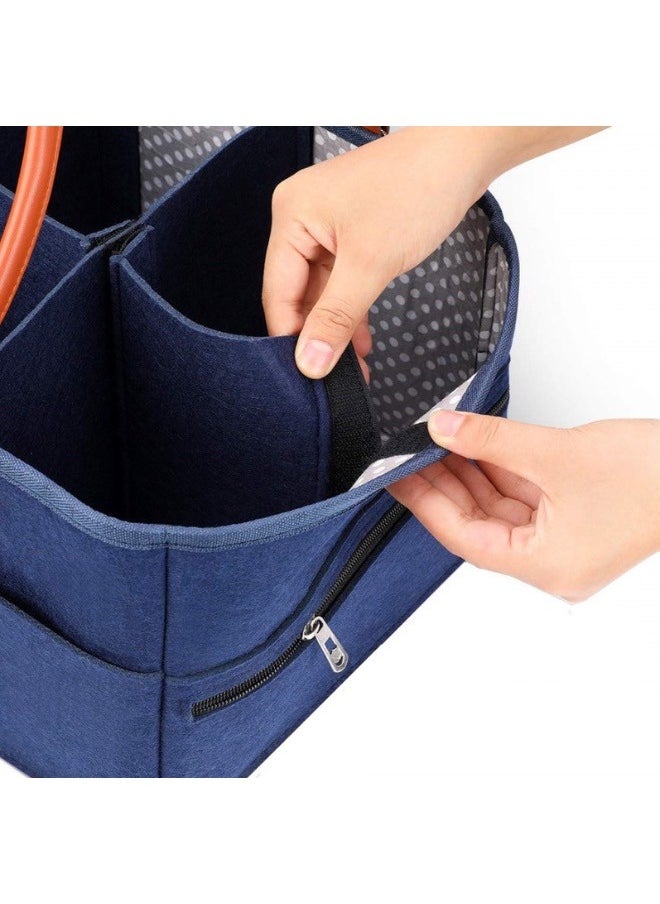 haleemy - Baby Diaper Caddy Bag With Zipper Lid And Leather Handle Dark Blue - Image 1