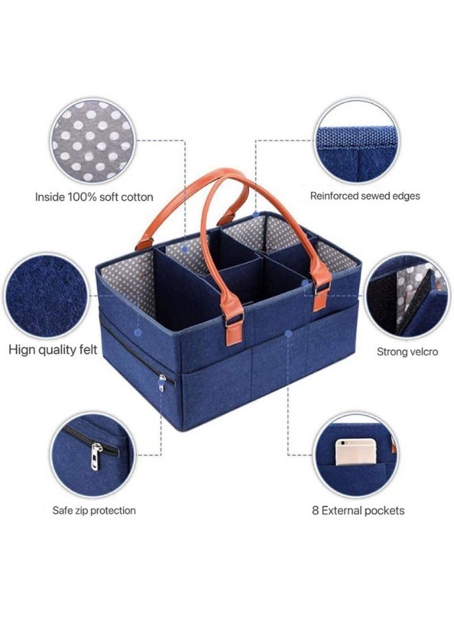 haleemy - Baby Diaper Caddy Bag With Zipper Lid And Leather Handle Dark Blue - Image 1