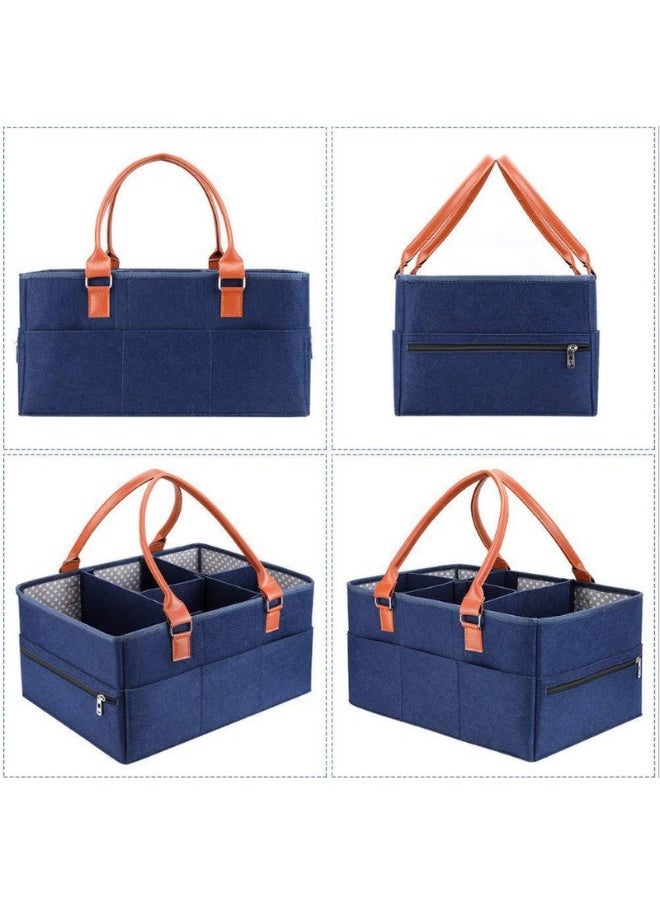 haleemy - Baby Diaper Caddy Bag With Zipper Lid And Leather Handle Dark Blue - Image 1