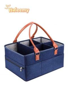 Baby Diaper Caddy Bag With Zipper Lid And Leather Handle Dark Blue