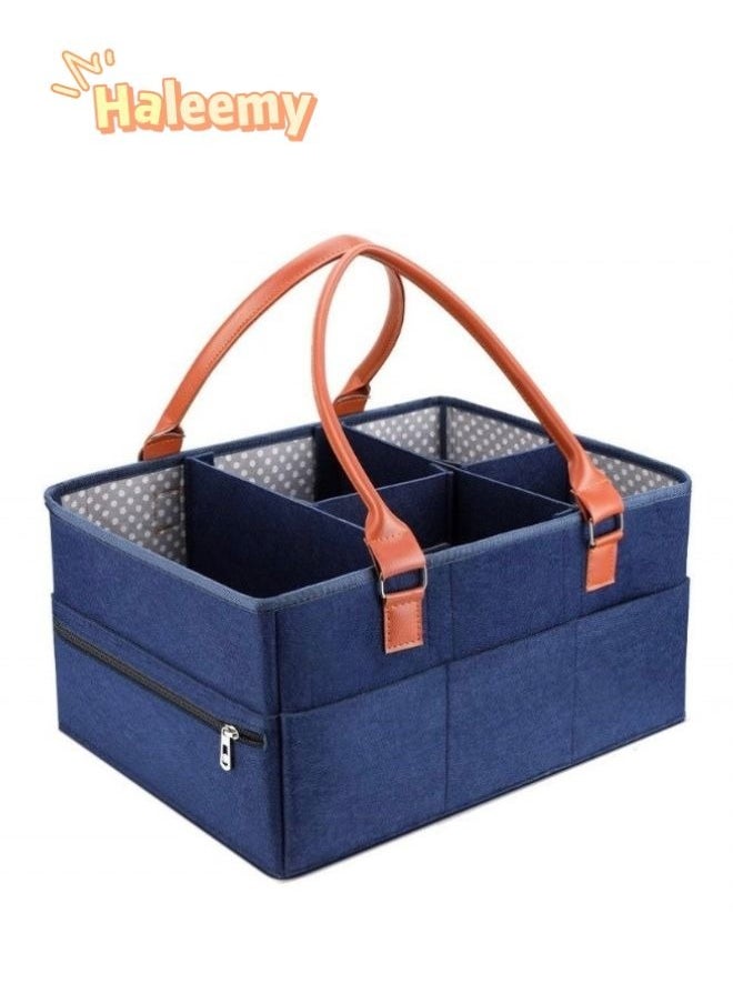haleemy - Baby Diaper Caddy Bag With Zipper Lid And Leather Handle Dark Blue - Image 1