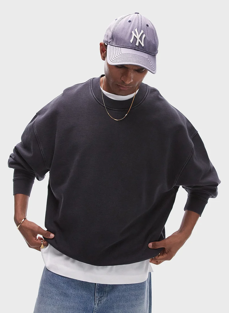 TOPMAN Topman oversized fit crew sweatshirt in washed bla