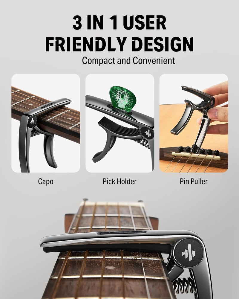 Donner كابو دونر للجيتار الكهربائي والأكوستيك DC-2، كابو أوكوليلي أسود مع 4 ريشة - Image 3