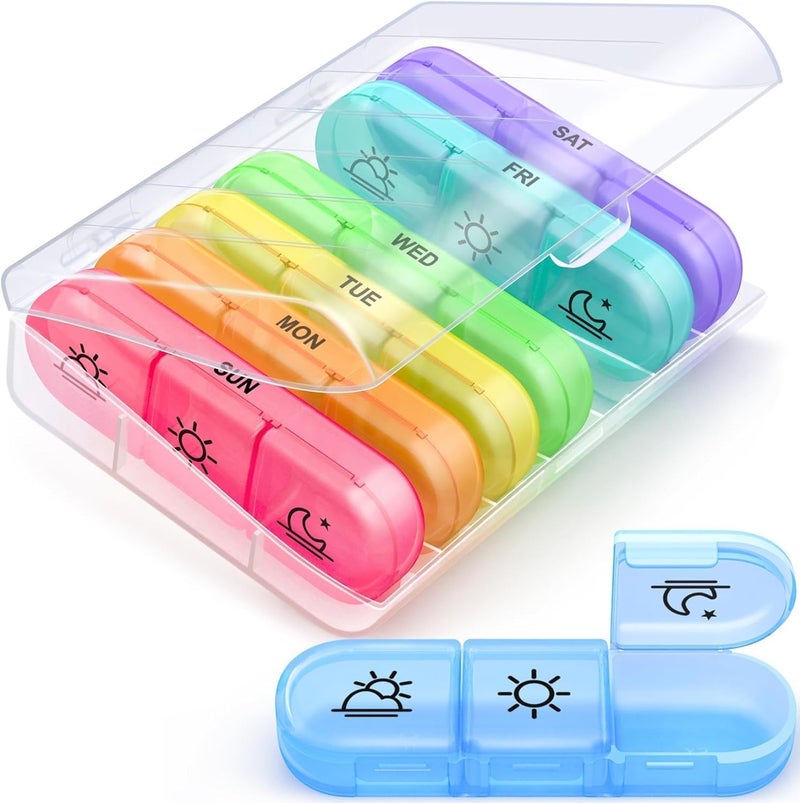 THEODORE weekly pill organizer 3 times a day, portable travel pill box 7 day with large compartments moisture-proof pill case for vitamin, Medicine, pills (Medicine Organizer Box) (Multicolor) - Image 1