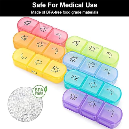THEODORE weekly pill organizer 3 times a day, portable travel pill box 7 day with large compartments moisture-proof pill case for vitamin, Medicine, pills (Medicine Organizer Box) (Multicolor) - Image 2