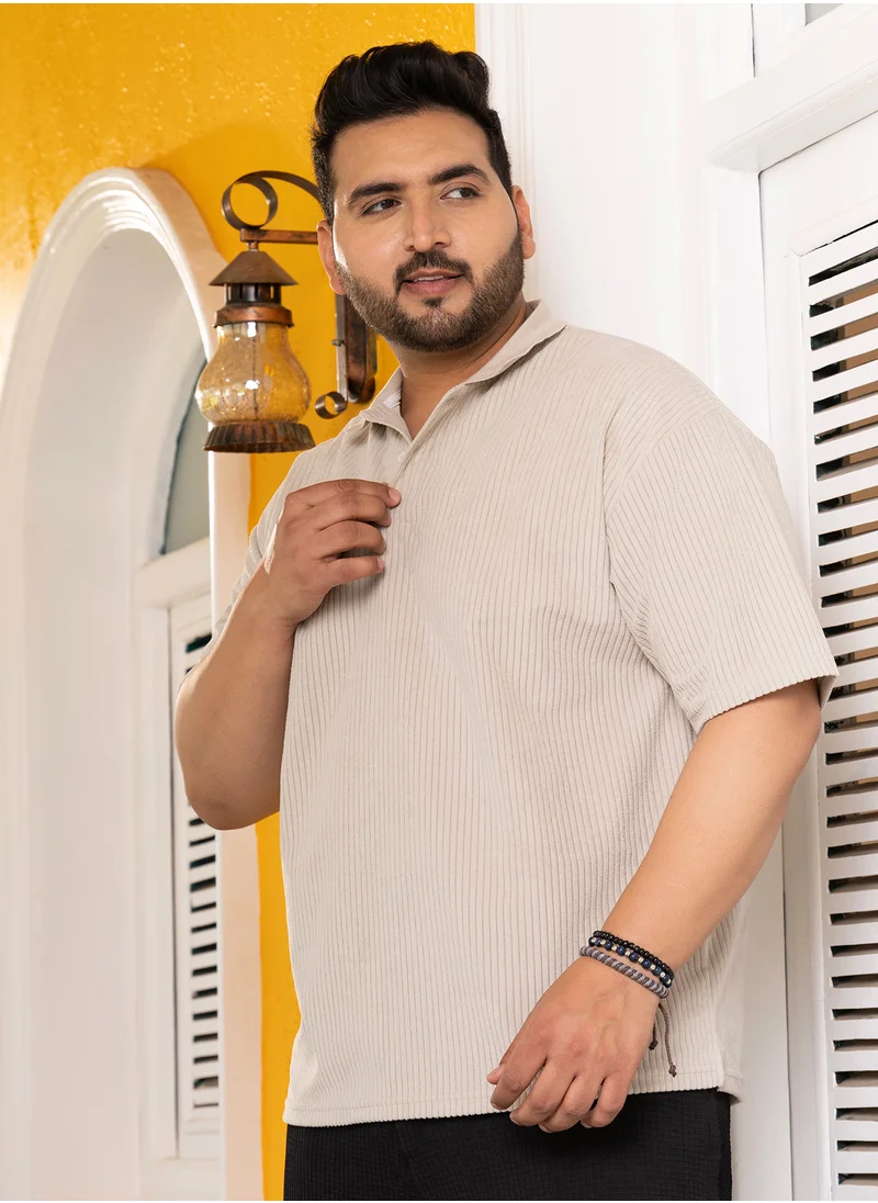 Instafab Plus Instafab Plus Men's Saltbox Beige Ribbed Relaxed Polo T-Shirt For Casual Wear | Polo Neck | Short Regular Sleeves | Half-Zip Closure | Plus Size T-Shirt Crafted With Comfort Fit For Everyday Wear