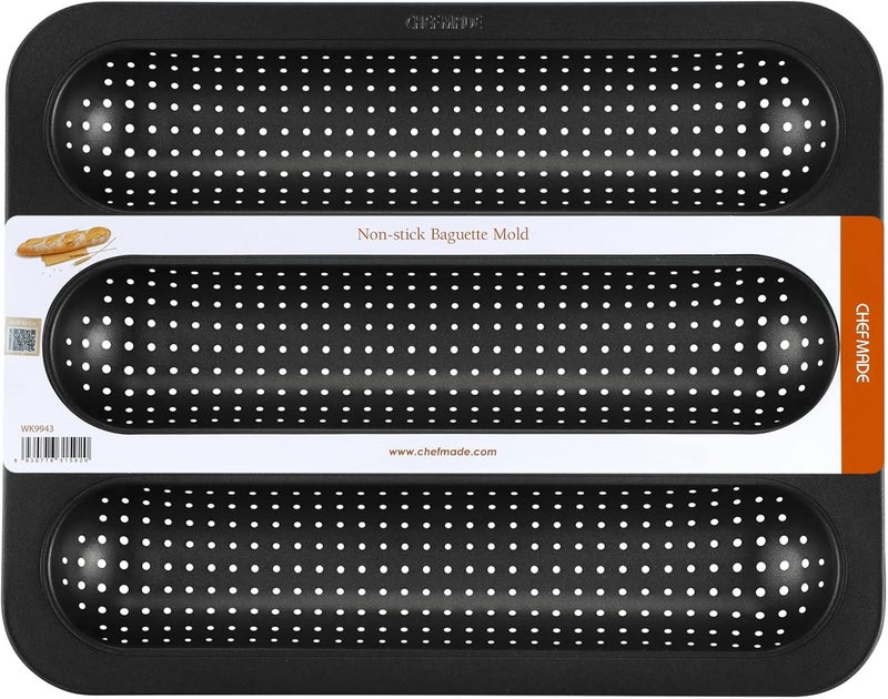 chefmade Perforated Baguette Pan, Non-stick 3-slot French Bread Pan Baguette Baking Loaf Bakeware - Image 1