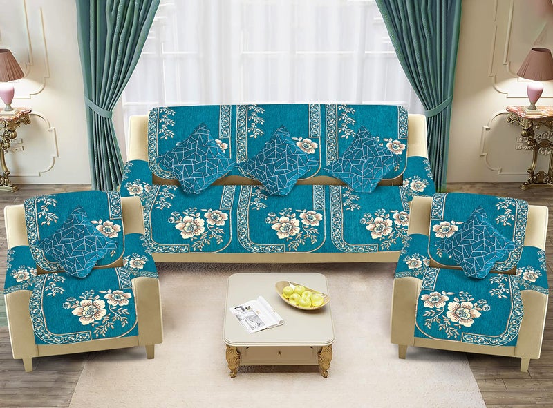 Dazzling DECOR Velvet Sofa Cover with Arm Cover and Cushion Covers Set of 5 Seater - Sofa Covers 3 Seater and 2 Seater Full Cover Set for Couch Seat - Heavy Fabric Sofa Slip Protector, 201_Aqua - Image 1