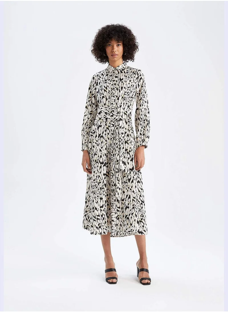 ديفاكتو Regular Fit Long Sleeve Leopard Print Satin Dress