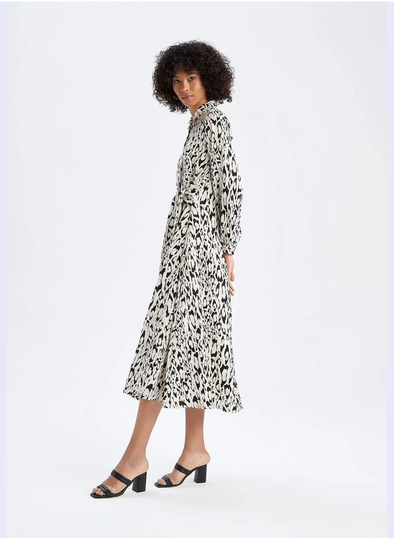 DeFacto Regular Fit Long Sleeve Leopard Print Satin Dress