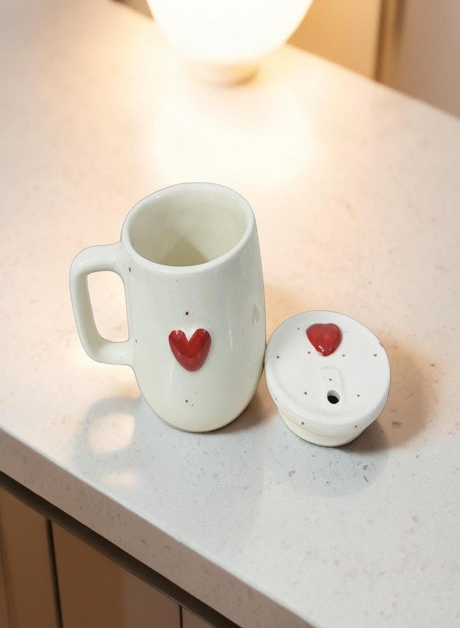 Lupaava Red Heart Ceramic Coffee Mug with Lid & Steel Straw | 380ml Minimalist Cute Sipper Cup | Pastel Aesthetic Mug with Handle | Gift for Women Girls & Friends | - Image 2
