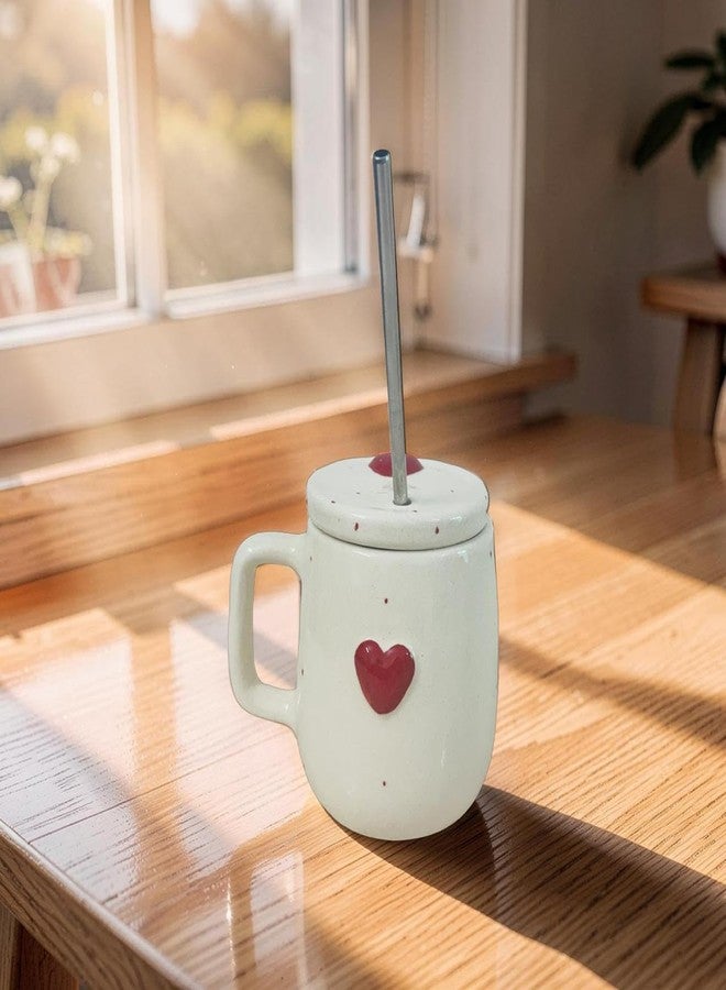Lupaava Red Heart Ceramic Coffee Mug with Lid & Steel Straw | 380ml Minimalist Cute Sipper Cup | Pastel Aesthetic Mug with Handle | Gift for Women Girls & Friends | - Image 1