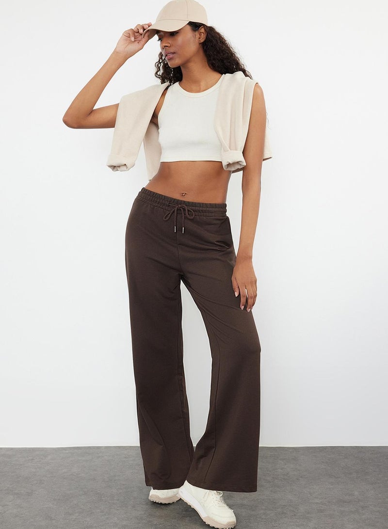 trendyol Bitter Brown Cotton Wide Leg Slim Knitted Sports Sweatpants - Image 1