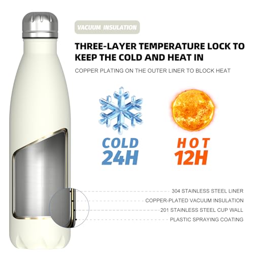 WATERSY Stainless Steel water bottles,17oz/500ml Insulated Water Bottles,Cream White metal water bottle Keeps Drink Cold and Hot,BPA Free kids water bottles for School,Gym,Travel,Sports - Image 2