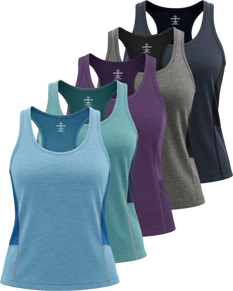 REALESSENTIALS 5 Pack: Womens Quick Dry Fit Ladies Tops Blouse Tee Athletic Yoga Workout Running Gym Active Tees Exercise Women Racerback Sleeveless Flowy Fitness Loose Fit Moisture Wicking Tank Top - Set 4,XXL - Image 1