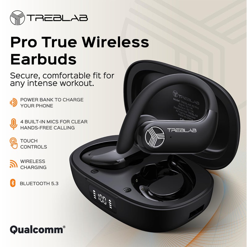 TREBLAB X3-Pro - Wireless Earbuds with Earhooks-45H Playtime, aptX, IPX7 Waterproof Earphones for Running & Workout-Sport Bluetooth Headphones with Charging case-Built-in Microphone- Black (Renewed) - Image 2